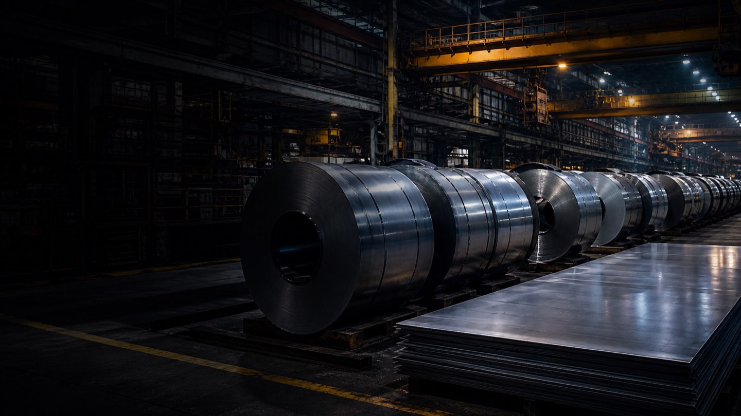 Steel coils and flat products inside an industrial steel mill